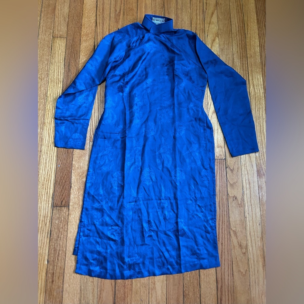 Vietnamese Vintage 60s Cheongsam Pure Silk  Blue Oriental Dress L (Runs Small)